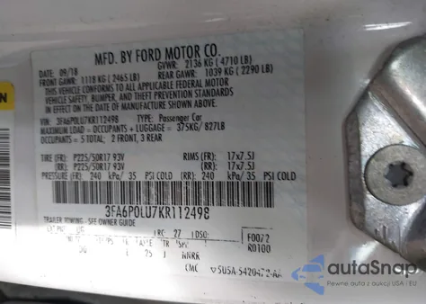 2019 Ford Fusion Hybrid Se z USA, uszkodzony, nr VIN 3FA6P0LU7KR112498